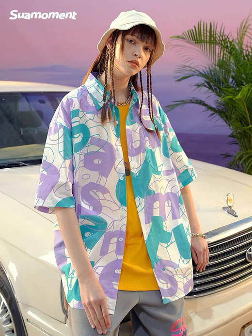 季末来货卖个寂寞！Suamoment抓痕满印乱序字母短袖衬衫男潮牌嘻哈衬衣外套设计感夏 商品图2