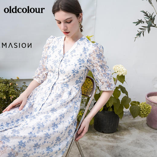 oldcolour秋季新品法式V领高腰显瘦气质碎花收腰中袖连衣裙BN31102017 商品图0