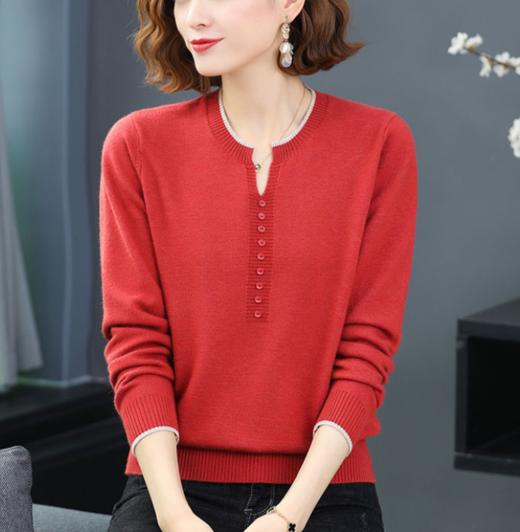 FCY  QQ92168拼色边V领条纹宽松扣子针织衫 商品图3