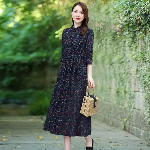 JXG-高端加厚棉麻磨毛碎花连衣裙女春秋2021新款气质显瘦胖mm长袖裙子 商品图3