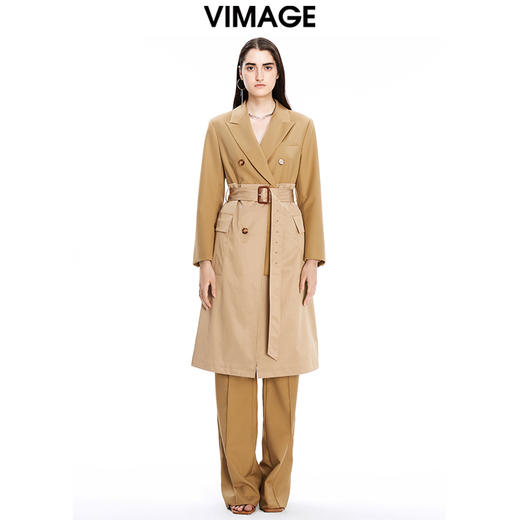 VIMAGE纬漫纪秋冬新款修身系带双排扣拼接西装风衣女中长款V1604202 商品图3