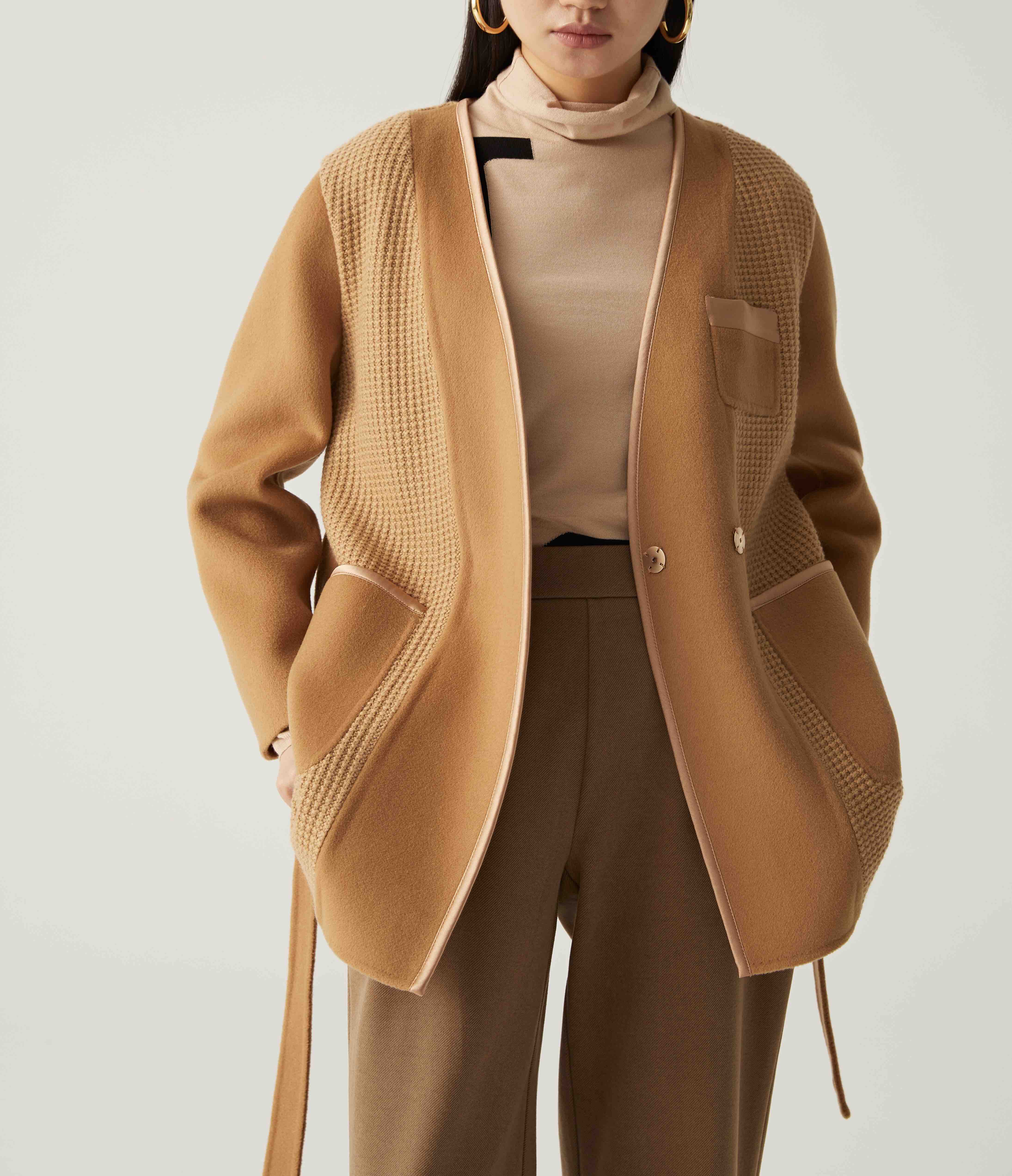 【必入单品】噢蜜ooomeooo羊毛羊绒拼接无领外套