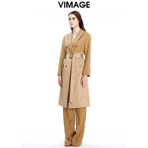 VIMAGE纬漫纪秋冬新款修身系带双排扣拼接西装风衣女中长款V1604202 商品图0