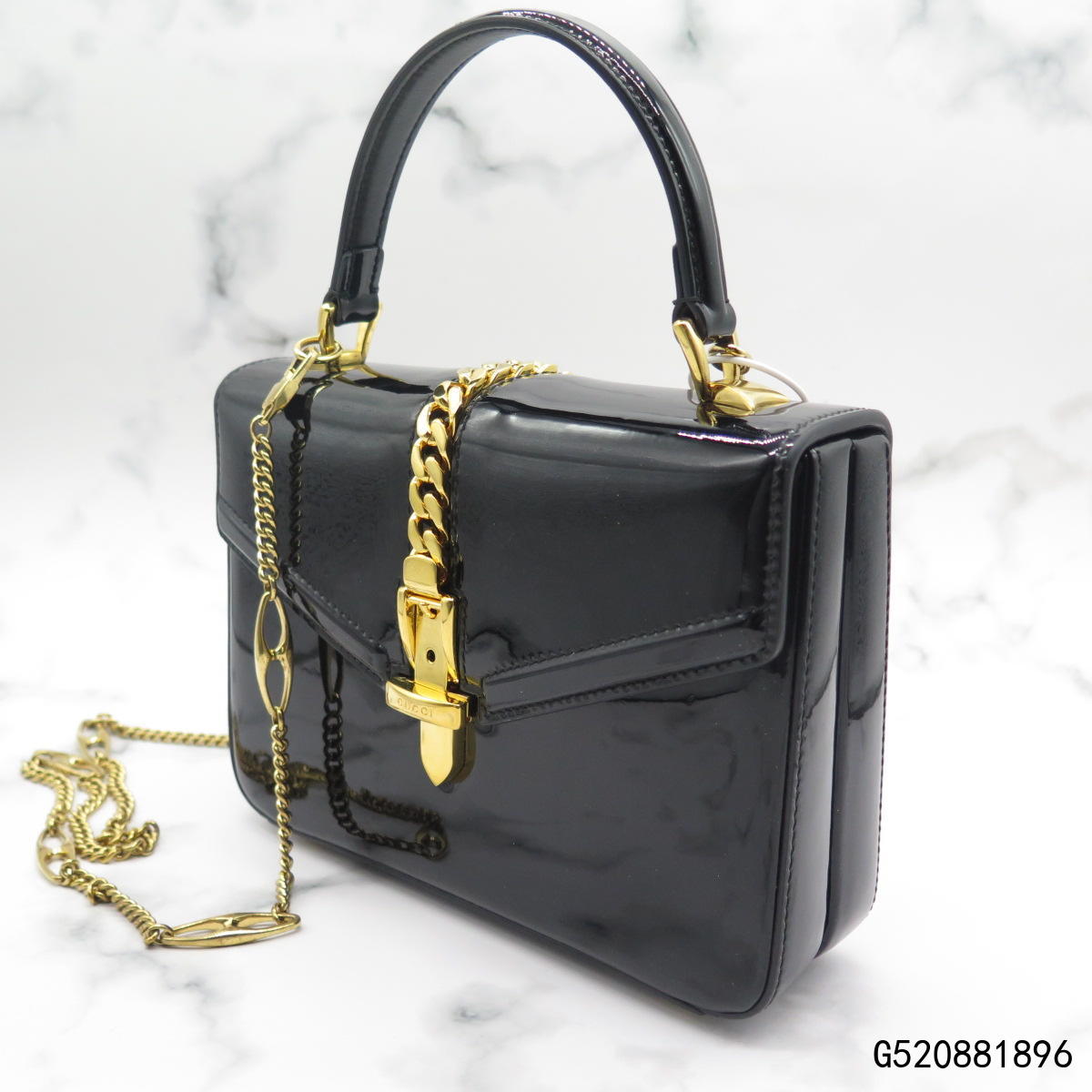 【二手9新】gucci/古驰sylvie 1969系列黑色漆皮迷你手提包/g