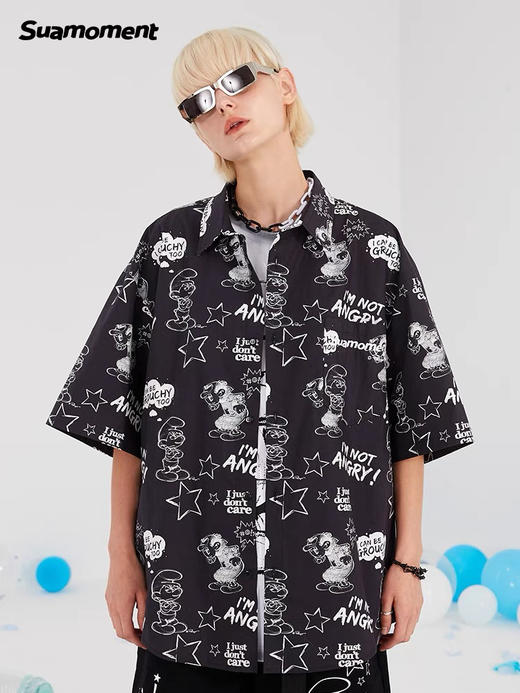 季末卖个寂寞！Suamoment国潮爪痕蓝精灵联名款半袖衬衫男女同款 商品图0