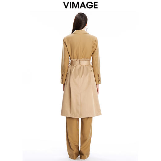 VIMAGE纬漫纪秋冬新款修身系带双排扣拼接西装风衣女中长款V1604202 商品图5