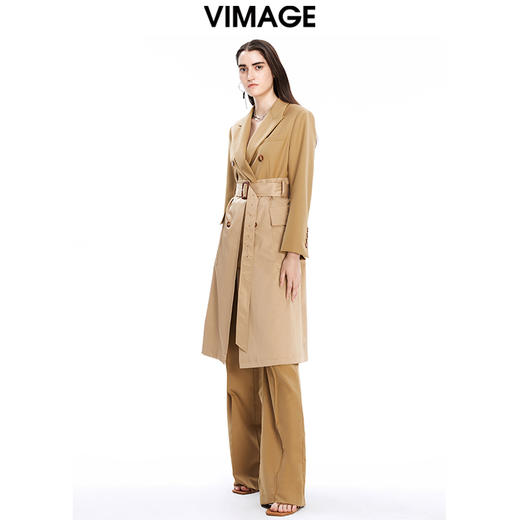 VIMAGE纬漫纪秋冬新款修身系带双排扣拼接西装风衣女中长款V1604202 商品图2