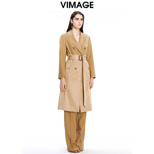VIMAGE纬漫纪秋冬新款修身系带双排扣拼接西装风衣女中长款V1604202 商品图1