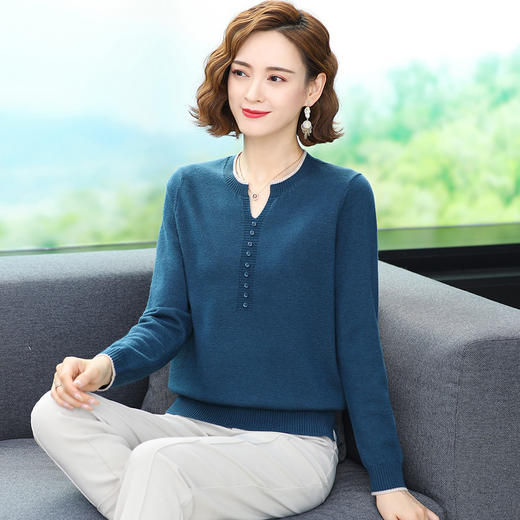 FCY  QQ92168拼色边V领条纹宽松扣子针织衫 商品图2