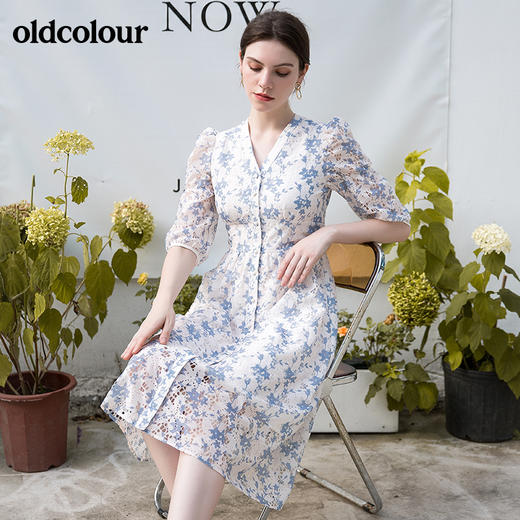 oldcolour秋季新品法式V领高腰显瘦气质碎花收腰中袖连衣裙BN31102017 商品图4