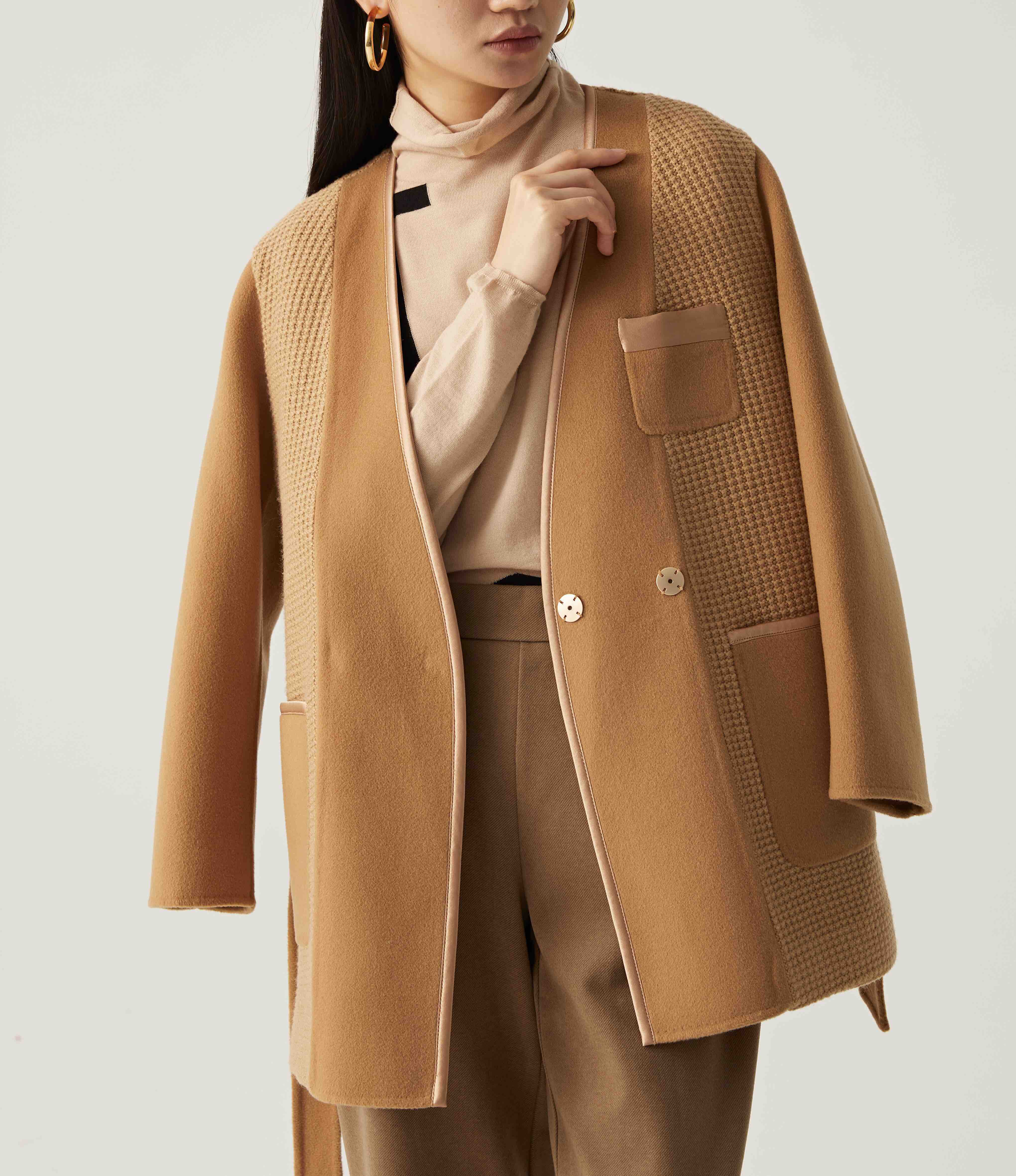 【必入单品】噢蜜ooomeooo羊毛羊绒拼接无领外套