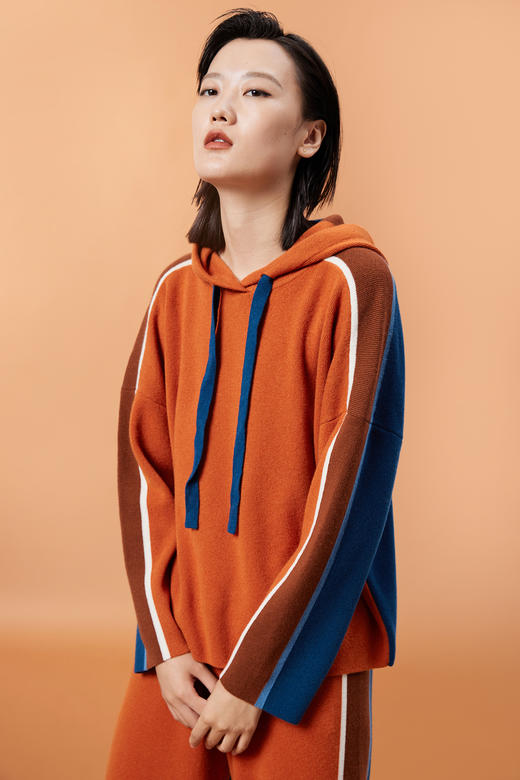  羊绒撞色运动连帽女上衣 SJF93W127N 商品图0