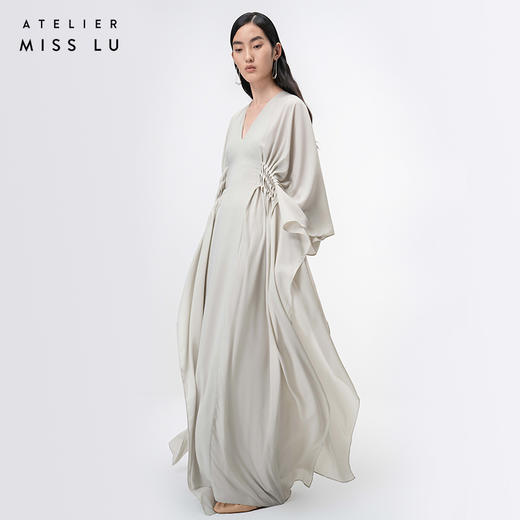 【行云流水】云母绿V领多层压褶立裁飘逸长裙/ 0000071 商品图2