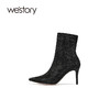 westory2021年春秋新款短筒女尖头高跟单靴复古黑色W21DS80841 商品缩略图1