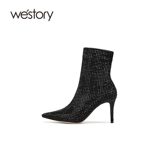 westory2021年春秋新款短筒女尖头高跟单靴复古黑色W21DS80841 商品图1