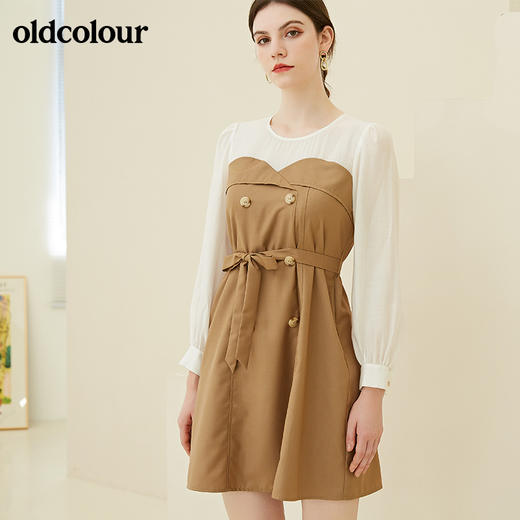 oldcolour秋季新款收腰显瘦拼接双排扣复古气质长袖连衣裙BN31103031 商品图3