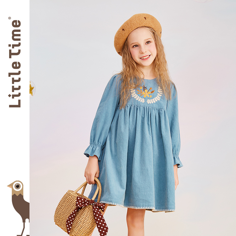 littletime女童灯芯绒文艺复古绣花连衣裙秋冬装中大儿童春秋裙子