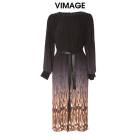 VIMAGE纬漫纪秋季新款系带高腰显瘦气质渐变连衣裙长款V1607238