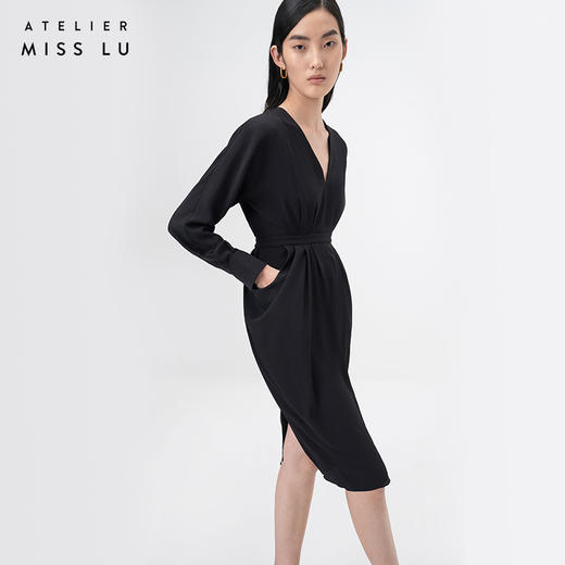 【落纹】黑色立裁垂褶V领收腰长袖连衣裙/0000749A 商品图1