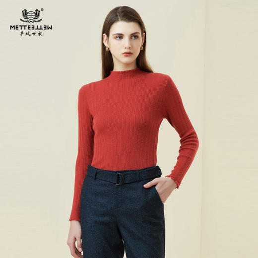 METTE羊绒世家21年女士100%山羊绒衫时尚半高领修身薄款内搭毛衣 商品图0