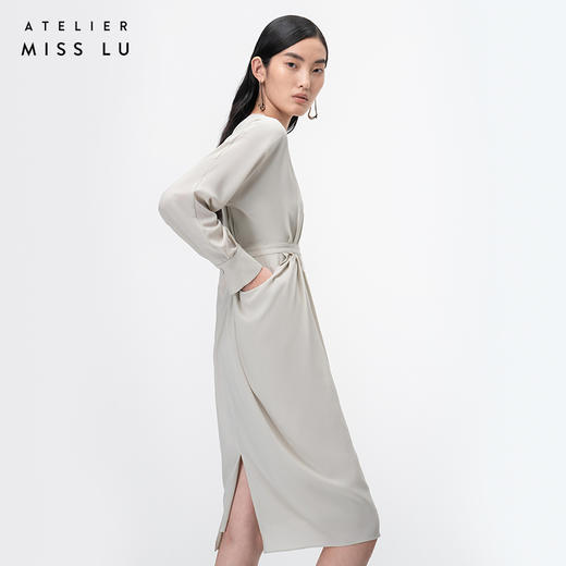 【落纹】云母绿立裁垂褶V领收腰连衣裙/0000749 商品图1