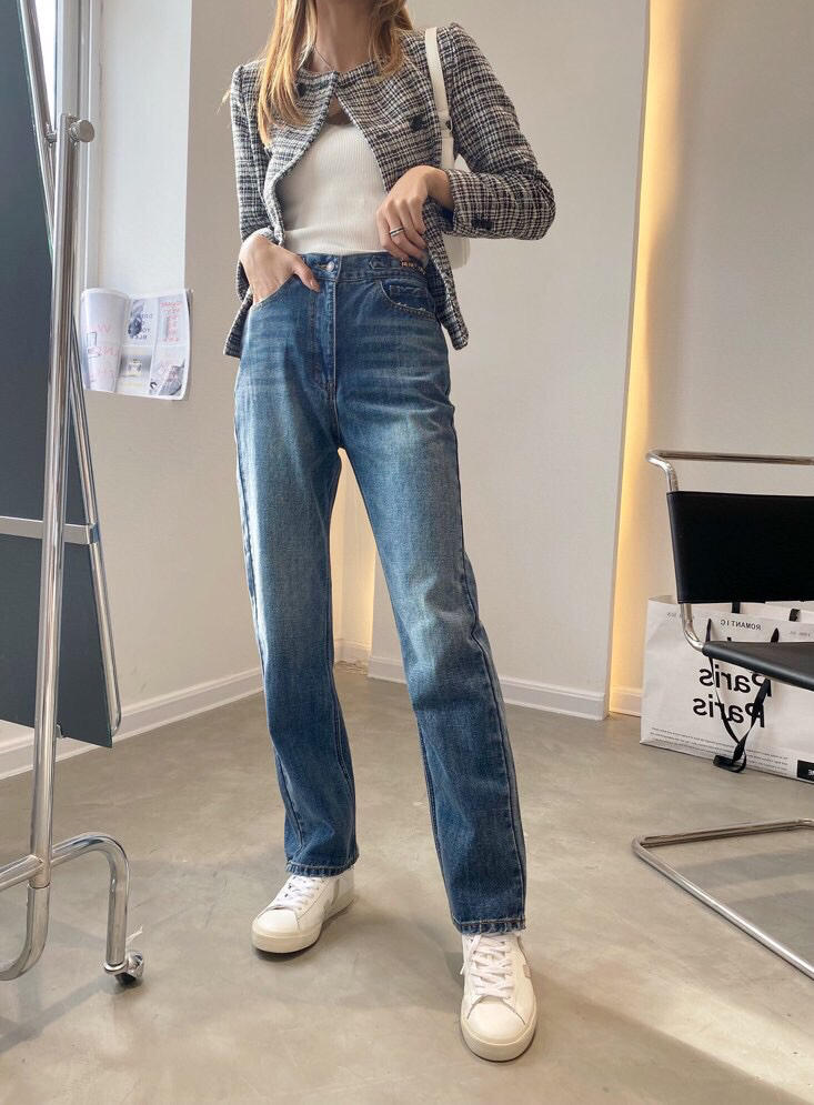 celine链条高腰阔腿牛仔裤88ll