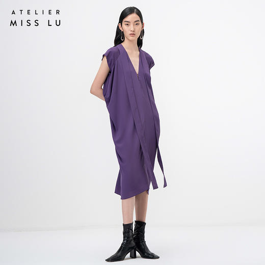 【云淡轻拂】浓郁紫立裁垂褶V领飘带落肩收腰连衣裙/0000745B 商品图0