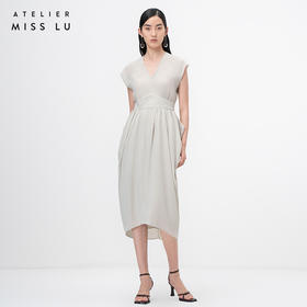 【舒夜森晚】云母绿立裁垂褶V领落肩收腰连衣裙/0000746