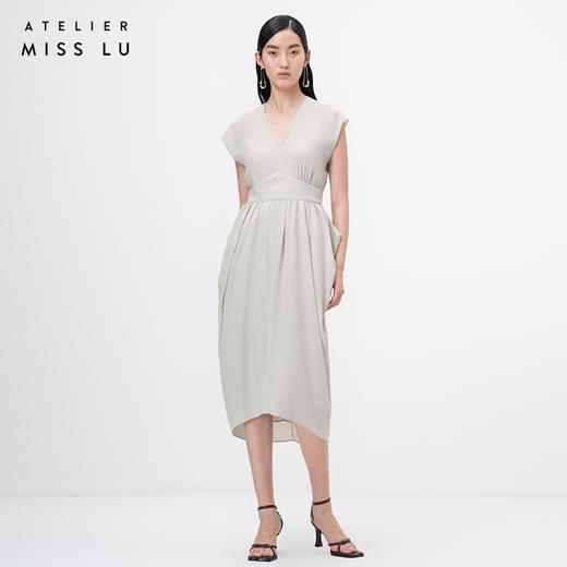 【舒夜森晚】云母绿立裁垂褶V领落肩收腰连衣裙/0000746 商品图0