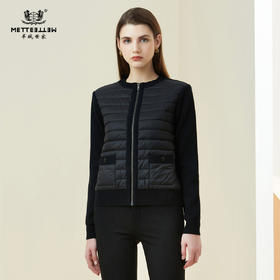 METTE21年秋冬女士外套时尚针织梭织拼接黑色休闲保暖纯羊毛夹克