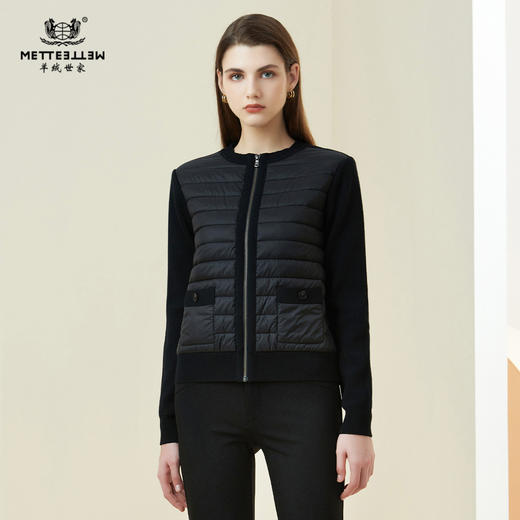 METTE21年秋冬女士外套时尚针织梭织拼接黑色休闲保暖纯羊毛夹克 商品图0
