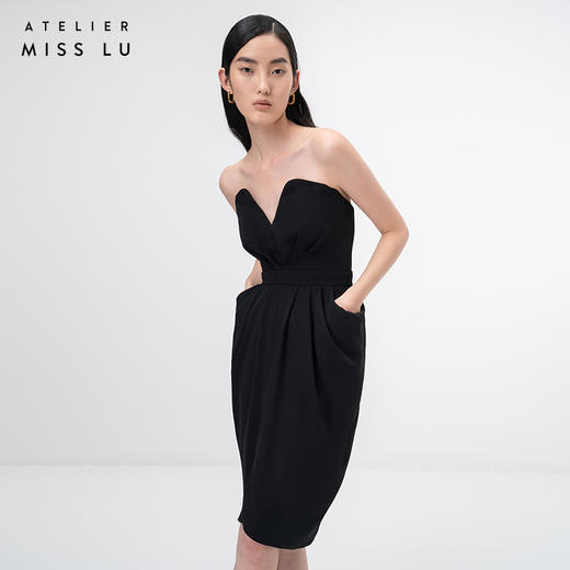 【黑莓之夜】立裁垂褶黑色深V心形抹胸鱼骨连衣裙/0000767 商品图1