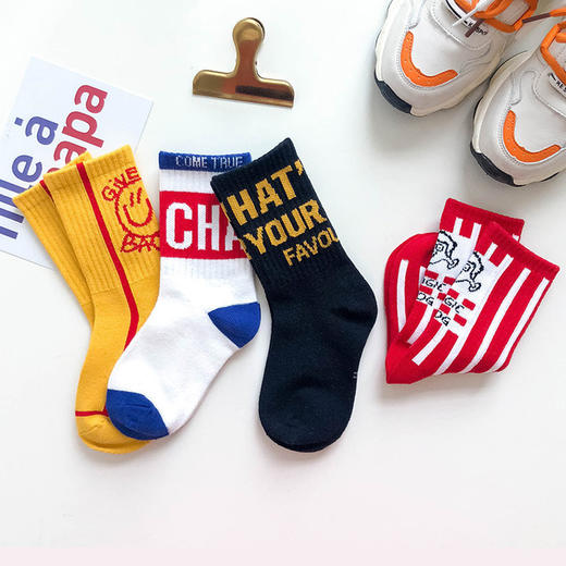 【4双装】儿童春秋新款袜子运动袜时尚字母袜子男女童中筒袜街头韩范潮 商品图10