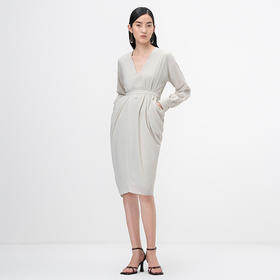 【落纹】云母绿立裁垂褶V领收腰连衣裙/0000749