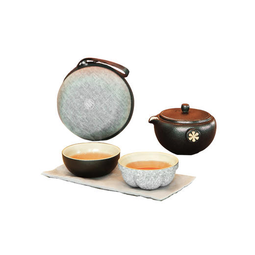 陆宝陶瓷快客杯知足常乐旅行茶具便携一壶两杯户外山竹水果茶具（禅风黑） 商品图0
