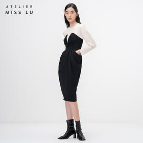 【白昼寻迹】立裁垂褶黑拼米白收腰长袖连衣裙/0000763