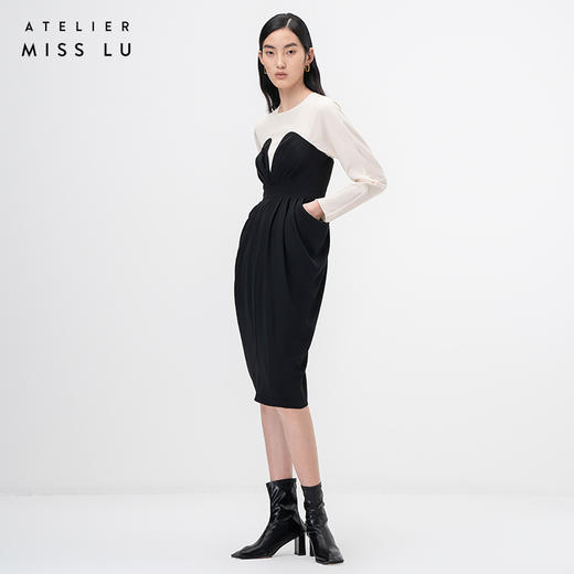 【白昼寻迹】立裁垂褶黑拼米白收腰长袖连衣裙/0000763 商品图0