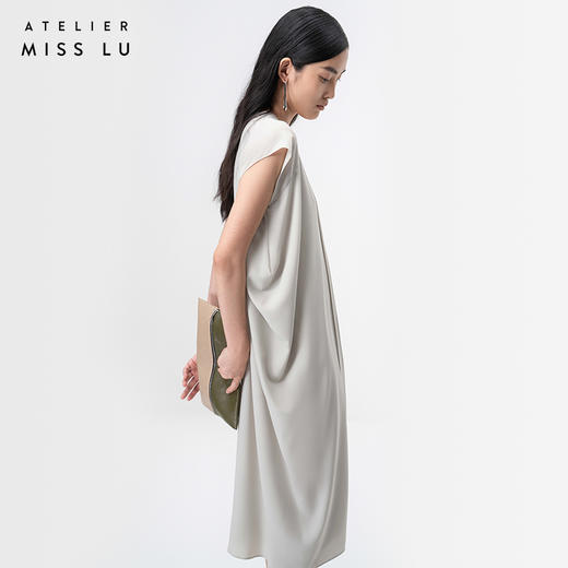 【云淡轻拂】云母绿立裁垂褶V领飘带落肩收腰连衣裙/0000745 商品图3