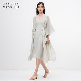 【薄明】云母绿V领多层压褶立裁飘逸连衣裙/0000755