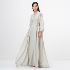 【行云流水】云母绿V领多层压褶立裁飘逸长裙/ 0000071