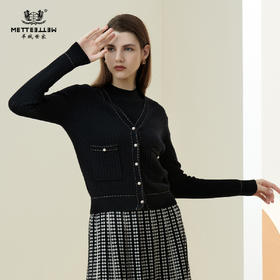 METTE羊绒世家21年秋冬女新品100%山羊绒衫时尚装饰黑色针织开衫