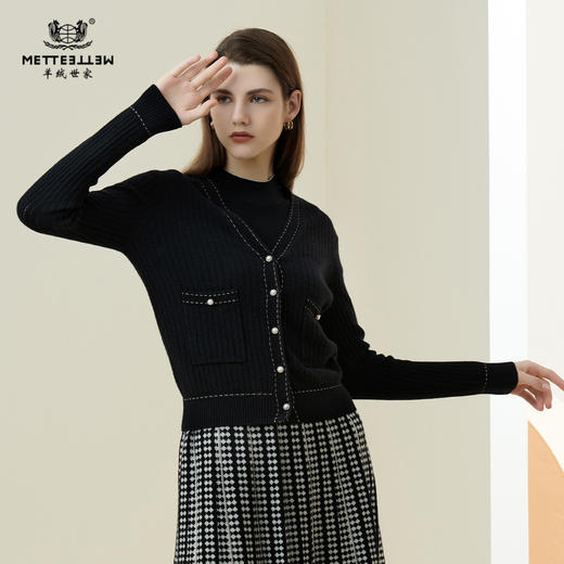 METTE羊绒世家21年秋冬女新品100%山羊绒衫时尚装饰黑色针织开衫 商品图0