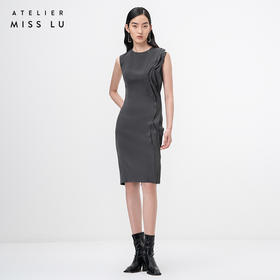 【曜】立体层次裁片拼接烟灰色修身连衣裙/0000760