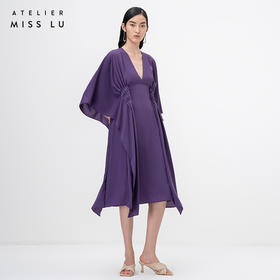 【开罗紫玫瑰】浓郁紫V领多层压褶立裁飘逸连衣裙/0000755B