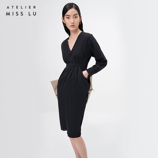 【落纹】黑色立裁垂褶V领收腰长袖连衣裙/0000749A 商品图2