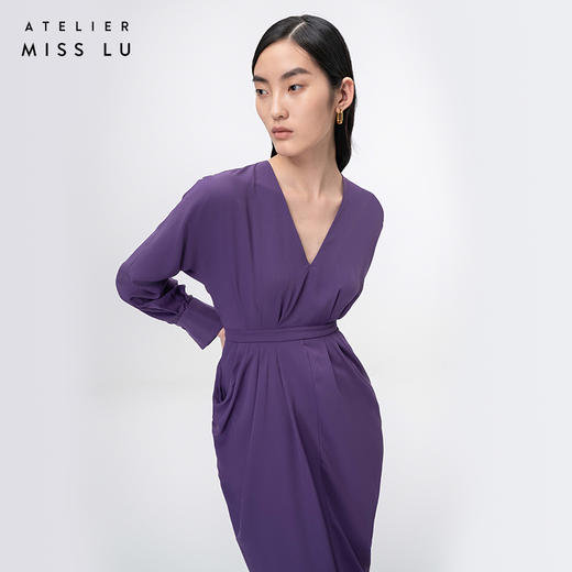 【落纹】浓郁紫立裁垂褶V领收腰长袖连衣裙/0000749B 商品图1