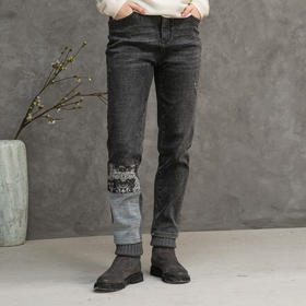 Famecoco范可儿拼接牛仔裤设计感小众直筒裤F218GA003