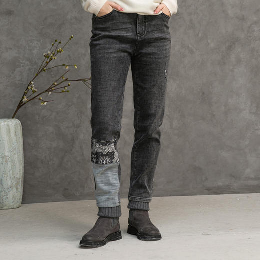 Famecoco范可儿拼接牛仔裤设计感小众直筒裤F218GA003 商品图0