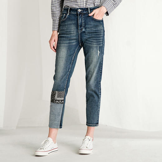 Famecoco范可儿拼接牛仔裤设计感小众直筒裤F218GA003 商品图2