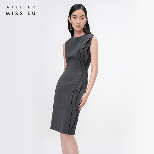 【曜】立体层次裁片拼接烟灰色修身连衣裙/0000760 商品图2